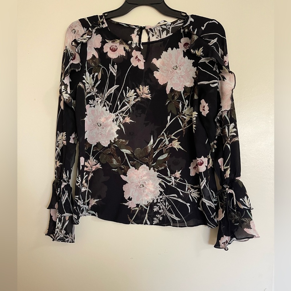 Lucky Brand Sheer Multicolor Floral Top Blouse Ruffled Long Sleeve Sz M